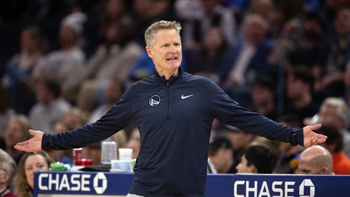 Feb 28, 2023; San Francisco, California, USA; Golden State Warriors head coach Steve Kerr reacts to a call by a referee during the first quarter against the Portland Trail Blazers at Chase Center. Mandatory Credit: D. Ross Cameron-Imagn Images