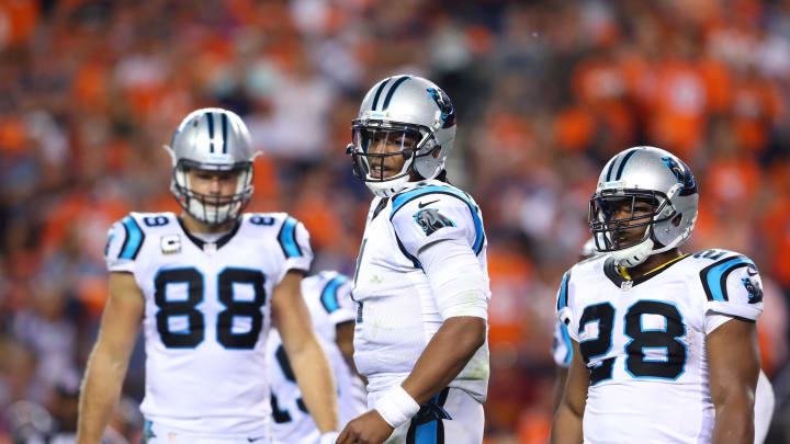 Sep 8, 2016; Denver, CO, USA; Carolina Panthers quarterback Cam Newton (1), running back Jonathan Stewart (28) and tight end Greg Olsen (88) against the Denver Broncos at Sports Authority Field at Mile High. The Broncos defeated the Panthers 21-20.