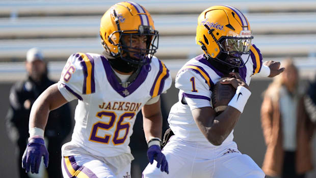 Alabama high school football: Jackson high school's Landon Duckworth (1) runs the ball against Cherokee County