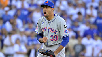 Oct 14, 2024; Los Angeles, California, USA; New York Mets pitcher Edwin Diaz (39) celebrates after defeating the Los Angeles Dodgers in game two of the NLCS for the 2024 MLB Playoffs at Dodger Stadium. Mandatory Credit: Jayne Kamin-Oncea-Imagn Images