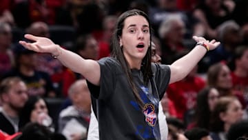 Indiana Fever guard Caitlin Clark reacts to a call from the referee during a game against the Connecticut Sun at Gainbridge Fieldhouse in Indianapolis.