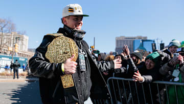 Feb 14, 2025; Philadelphia, PA, USA; Philadelphia Eagles cornerback Cooper DeJean (33) celebrates during the Super Bowl LIX championship parade and rally. Mandatory Credit: Caean Couto-Imagn Images