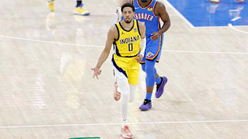 Jun 22, 2025; Oklahoma City, Oklahoma, USA; Indiana Pacers guard Tyrese Haliburton (0) reacts after against the Oklahoma City Thunder during the first half of game seven of the 2025 NBA Finals at Paycom Center. Mandatory Credit: Alonzo Adams-Imagn Images