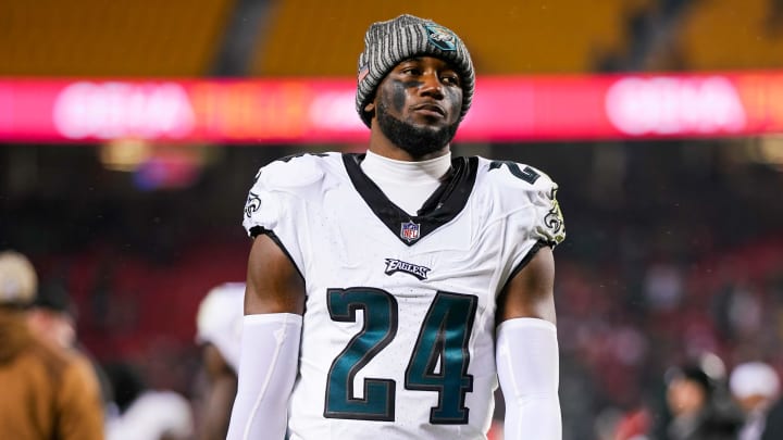 Nov 20, 2023; Kansas City, Missouri, USA; Philadelphia Eagles cornerback James Bradberry (24) leaves the field after defeating the Kansas City Chiefs at GEHA Field at Arrowhead Stadium. Mandatory Credit: Jay Biggerstaff-USA TODAY Sports