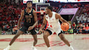 Houston Cougars guard L.J. Cryer dribbles against Texas State Bobcats forward Brandon Love.