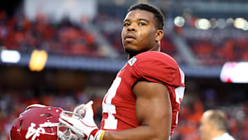 Jan 7, 2019; Santa Clara, CA, USA; Alabama Crimson Tide running back Damien Harris (34) against the Clemson Tigers in the 2019 College Football Playoff Championship game at Levi's Stadium. Mandatory Credit: Mark J. Rebilas-Imagn Images