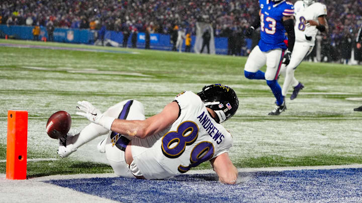 Baltimore Ravens tight end Mark Andrews drops a pass against the Buffalo Bills on Jan 19, 2025.