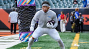 Detroit Lions running back Craig Reynolds (13) warms up ahead of Cincinnati Bengals game at Paycor Stadium in Cincinnati on Sunday, Oct. 5, 2025.