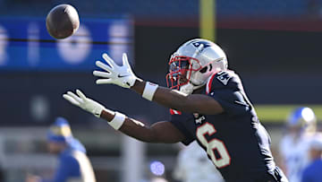 Nov 17, 2024; Foxborough, Massachusetts, USA; New England Patriots wide receiver Javon Baker (6) makes a catch before a game against the Los Angeles Rams at Gillette Stadium. Mandatory Credit: Brian Fluharty-Imagn Images