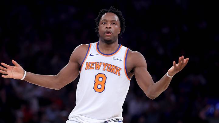 May 4, 2026; New York, New York, USA; New York Knicks forward OG Anunoby (8) reacts after a three point shot during the first quarter of game one of the eastern conference semifinal round of the 2026 NBA Playoffs against the Philadelphia 76ers at Madison Square Garden. Mandatory Credit: Brad Penner-Imagn Images