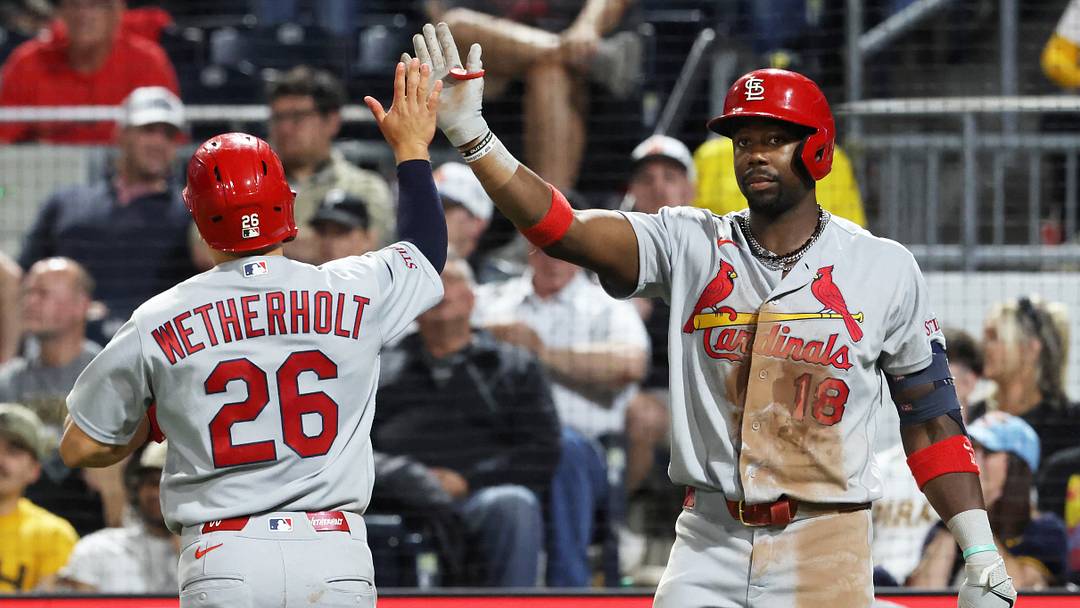 Apr 28, 2026; Pittsburgh, Pennsylvania, USA; St. Louis Cardinals second baseman JJ Wetherholt (26) celebrates scoring a run with right fielder Jordan Walker (18) against the Pittsburgh Pirates during the eighth inning at PNC Park. Mandatory Credit: Charles LeClaire-Imagn Images Apr 28, 2026; Pittsburgh, Pennsylvania, USA; St. Louis Cardinals second baseman JJ Wetherholt (26) celebrates scoring a run with right fielder Jordan Walker (18) against the Pittsburgh Pirates during the eighth inning at PNC Park. Mandatory Credit: Charles LeClaire-Imagn Images