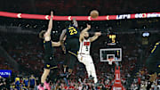May 4, 2025; Houston, Texas, USA; Houston Rockets guard Fred VanVleet (5) passes the ball during game seven of the first round for the 2025 NBA Playoffs against the Golden State Warriors at Toyota Center. Mandatory Credit: Troy Taormina-Imagn Images
