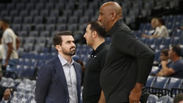 Oct 27, 2023; Memphis, Tennessee, USA; Memphis Grizzlies general manager Zach Kleiman (left) talks with Denver Nuggets general manager Calvin Booth (right) before the game at FedExForum. Mandatory Credit: Petre Thomas-Imagn Images