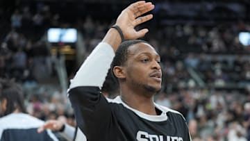 Mar 2, 2025; San Antonio, Texas, USA;  San Antonio Spurs guard De'Aaron Fox (4) is introduced before the game against the Oklahoma City Thunder for the first time at Frost Bank Center. Mandatory Credit: Daniel Dunn-Imagn Images