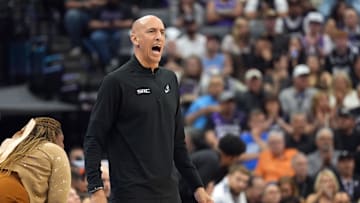 Apr 11, 2025; Sacramento, California, USA; Sacramento Kings interim head coach Doug Christie yells from the sideline during the first quarter against the Los Angeles Clippers at Golden 1 Center. Mandatory Credit: Darren Yamashita-Imagn Images
