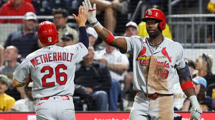 Apr 28, 2026; Pittsburgh, Pennsylvania, USA; St. Louis Cardinals second baseman JJ Wetherholt (26) celebrates scoring a run with right fielder Jordan Walker (18) against the Pittsburgh Pirates during the eighth inning at PNC Park. Mandatory Credit: Charles LeClaire-Imagn Images