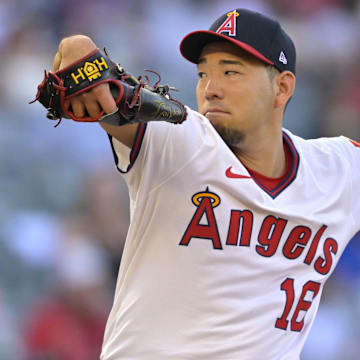 Jul 12, 2025; Anaheim, California, USA;  Los Angeles Angels starting pitcher Yusei Kikuchi (16) delivers to the plate during the first inning against the Arizona Diamondbacks at Angel Stadium. Mandatory Credit: Jayne Kamin-Oncea-Imagn Images