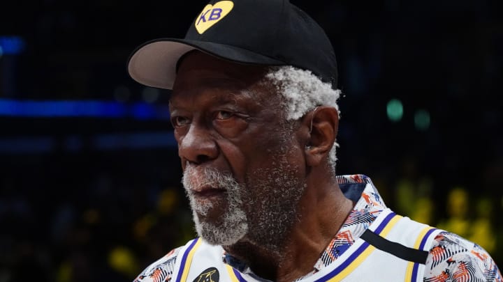 Feb 23, 2020; Los Angeles, California, USA; Bill Russell wears a Los Angeles Lakers jersey of Kobe Bryant (24) during the game against the Boston Celtics at Staples Center. Mandatory Credit: Kirby Lee-USA TODAY Sports