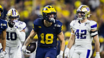 Jan 8, 2024; Houston, TX, USA; Michigan Wolverines tight end Colston Loveland (18) against the Washington Huskies during the 2024 College Football Playoff national championship game at NRG Stadium. Mandatory Credit: Mark J. Rebilas-USA TODAY Sports