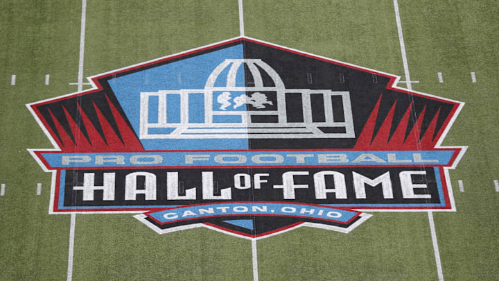 General view of the logo at mid-field at the Tom Benson Hall of Fame Stadium site of the Pro Football Hall of Fame Game