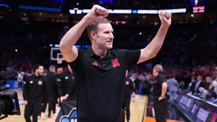 Mar 21, 2026; Oklahoma City, OK, USA; Nebraska Cornhuskers head coach Fred Hoiberg celebrates after defeating the Vanderbilt Commodores in a second round game of the men's 2026 NCAA Tournament at Paycom Center. Mandatory Credit: William Purnell-Imagn Images