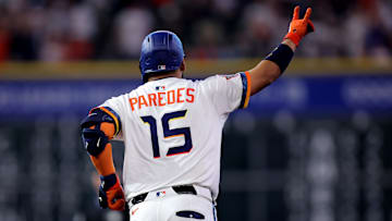 Apr 13, 2025; Houston, Texas, USA; Houston Astros third baseman Isaac Paredes (15) rounds the bases after hitting a three run home run to left field against the Los Angeles Angels during the second inning at Daikin Park. 