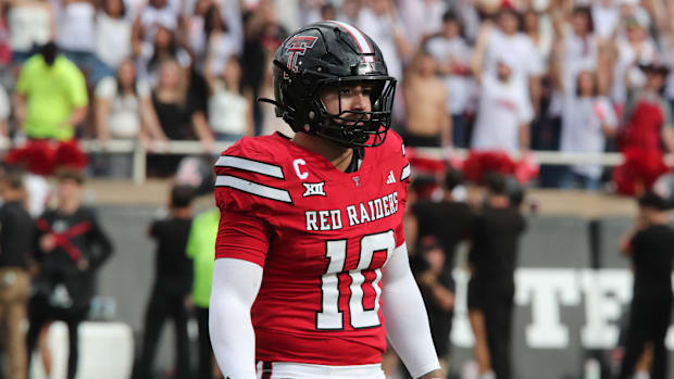 Texas Tech Red Raiders defensive back Jacob Rodriguez (10) looks to the sidelines