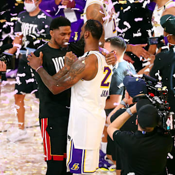 Udonis Haslem congratulates LeBron James after the Lakers beat the Heat in the 2020 NBA Finals. 