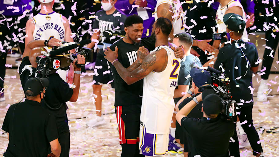 Udonis Haslem congratulates LeBron James after the Lakers beat the Heat in the 2020 NBA Finals.  | Kim Klement-Imagn Images