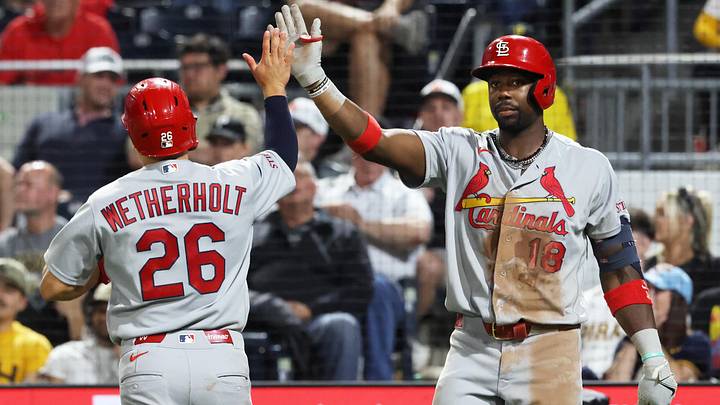 Apr 28, 2026; Pittsburgh, Pennsylvania, USA; St. Louis Cardinals second baseman JJ Wetherholt (26) celebrates scoring a run with right fielder Jordan Walker (18) against the Pittsburgh Pirates during the eighth inning at PNC Park. Mandatory Credit: Charles LeClaire-Imagn Images