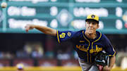 Seattle, Washington, USA; Milwaukee Brewers starting pitcher Jacob Misiorowski (32) throws against the Seattle Mariners during the first inning at T-Mobile Park.
