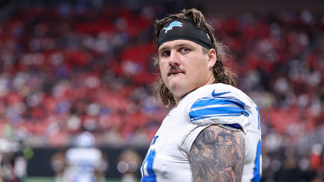 Aug 8, 2025; Atlanta, Georgia, USA; Detroit Lions guard Tate Ratledge (69) on the field against the Atlanta Falcons at Mercedes-Benz Stadium. Mandatory Credit: Brett Davis-Imagn Images