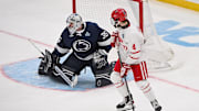 Penn State goaltender Arsenii Sergeev defends the net against the Boston University Terriers during the first period of their Frozen Four semifinal game in St. Louis. 