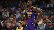Nov 6, 2024; Memphis, Tennessee, USA; Los Angeles Lakers forward LeBron James (23) reacts during the first half against the Memphis Grizzlies at FedExForum. Mandatory Credit: Petre Thomas-Imagn Images