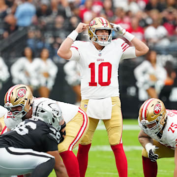 Aug 16, 2025; Paradise, Nevada, USA; San Francisco 49ers quarterback Mac Jones (10) calls a play against the Las Vegas Raiders during the second quarter at Allegiant Stadium. Mandatory Credit: Stephen R. Sylvanie-Imagn Images