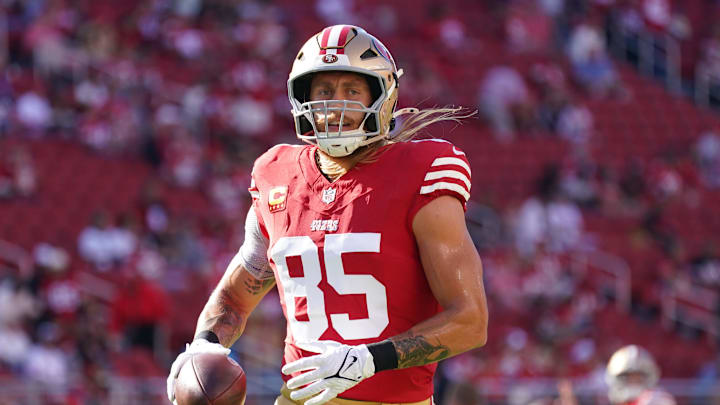 Sep 9, 2024; Santa Clara, California, USA;  San Francisco 49ers tight end George Kittle (85) warms up before a game against the New York Jets at Levi's Stadium. Mandatory Credit: David Gonzales-Imagn Images