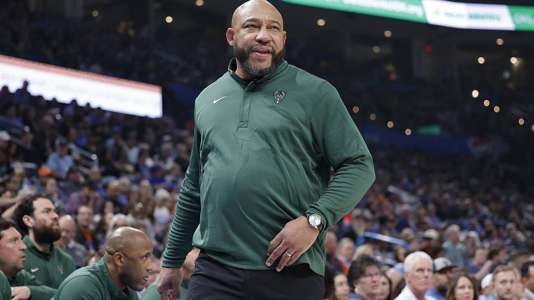 Feb 12, 2026; Oklahoma City, Oklahoma, USA; Milwaukee Bucks Head Coach Darvin Ham watches his team play against the Oklahoma City Thunder during the first half at Paycom Center. Mandatory Credit: Alonzo Adams-Imagn Images