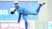 Aug 9, 2025; Minneapolis, Minnesota, USA; Kansas City Royals starting pitcher Noah Cameron (65) throws a pitch against the Minnesota Twins in the first inning at Target Field.