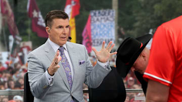 Reece Davis is on stage at ESPN College GameDay ahead of the University of Oklahoma-Michigan College football game on Sep 6, 2025 in Norman.