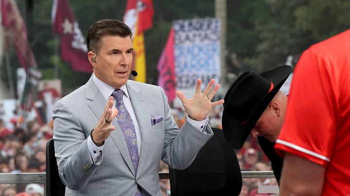 Reece Davis is on stage at ESPN College GameDay ahead of the University of Oklahoma-Michigan College football game on Sep 6, 2025 in Norman.
