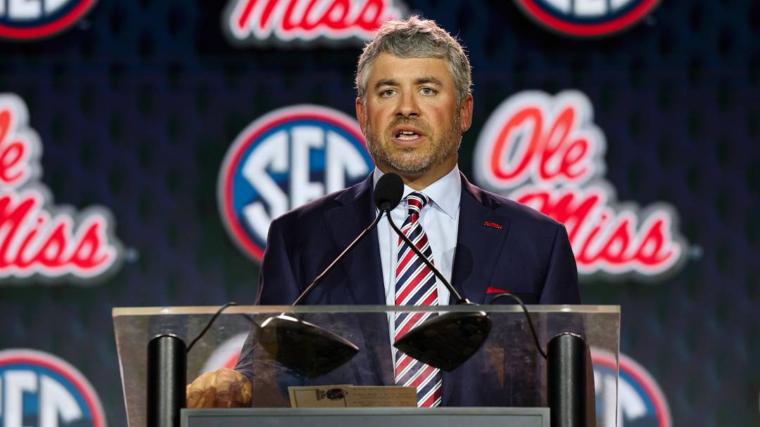 Jul 22, 2026; Tampa, FL, USA; Ole Miss Rebels head coach Pete Golding speaks to the press during SEC Football Kickoff Media Day at the Tampa Marriott. Mandatory Credit: Nathan Ray Seebeck-Imagn Images
