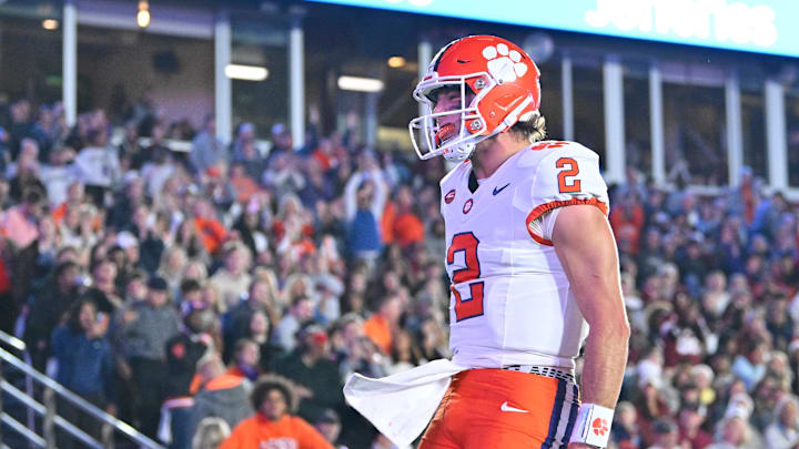 Oct 11, 2025; Chestnut Hill, Massachusetts, USA; Clemson Tigers quarterback Cade Klubnik (2) reacts to his touchdown against the Boston College Eagles during the first half at Alumni Stadium. Mandatory Credit: Eric Canha-Imagn Images