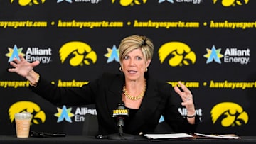 Iowa head coach Jan Jensen fields questions from journalists during the Iowa women’s basketball media day Oct. 14, 2025 at Carver-Hawkeye Arena in Iowa City, Iowa.