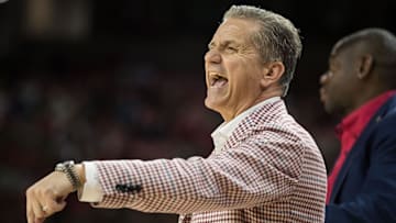 Feb 12, 2025; Fayetteville, Arkansas, USA;  Arkansas Razorbacks head coach John Calipari yells to his players on the court during the second half against the LSU Tigers at Bud Walton Arena. Arkansas won 70-58. Mandatory Credit: Brett Rojo-Imagn Images