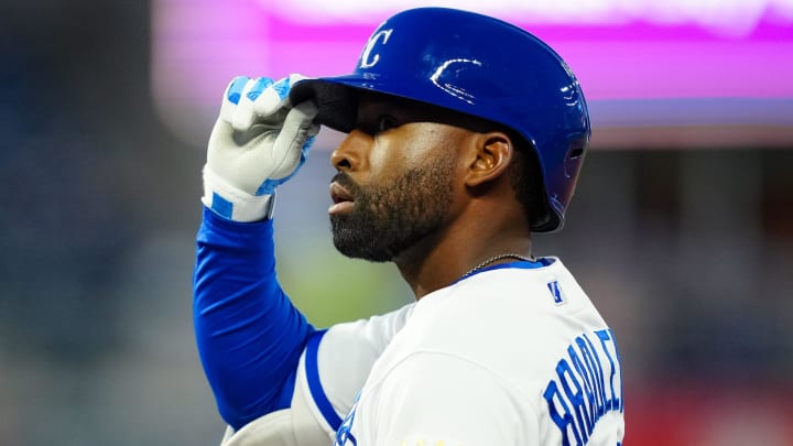 Apr 5, 2023; Kansas City, Missouri, USA; Kansas City Royals center fielder Jackie Bradley Jr. (41) gestures to the dugout after hitting a single during the fifth inning against the Toronto Blue Jays at Kauffman Stadium. Mandatory Credit: Jay Biggerstaff-USA TODAY Sports