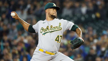 Jul 3, 2022; Seattle, Washington, USA; Oakland Athletics starting pitcher Frankie Montas (47) throws against the Seattle Mariners during the first inning at T-Mobile Park. Mandatory Credit: Joe Nicholson-USA TODAY Sports