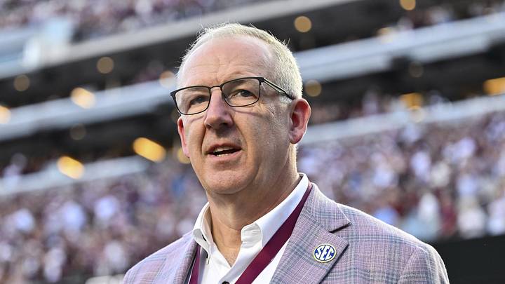 Oct 11, 2025; College Station, Texas, USA; SEC Commissioner Greg Sankey walks on the field prior to the game between the Texas A&M Aggies and the Florida Gators at Kyle Field. Mandatory Credit: Maria Lysaker-Imagn Images 