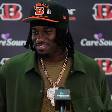 Cincinnati Bengals first-round draft pick Shemar Stewart speaks during a press conference.