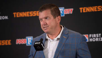 Tennessee athletics director Danny White announces a multi-year branding partnership with Pilot for Neyland Stadium on Tuesday, Aug. 13, 2024.