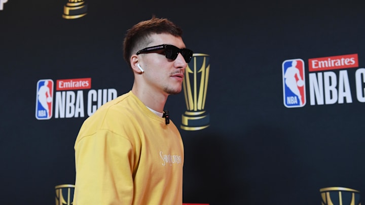 Dec 14, 2024; Las Vegas, NV, USA; Atlanta Hawks guard Bogdan Bogdanovic (13) arrives on the red carpet before the Emirates NBA Cup semifinal game at T-Mobile Arena. Mandatory Credit: Candice Ward-Imagn Images Dec 14, 2024; Las Vegas, NV, USA; Atlanta Hawks guard Bogdan Bogdanovic (13) arrives on the red carpet before the Emirates NBA Cup semifinal game at T-Mobile Arena. Mandatory Credit: Candice Ward-Imagn Images